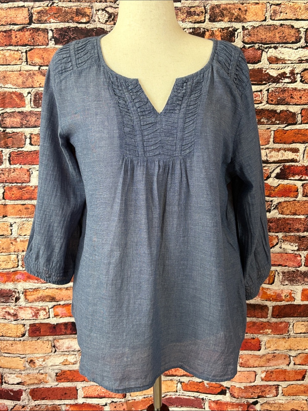 NorthStyle 100% Cotton Lightweight Washed Blue 3/4 Sleeve Peasant Tunic Large